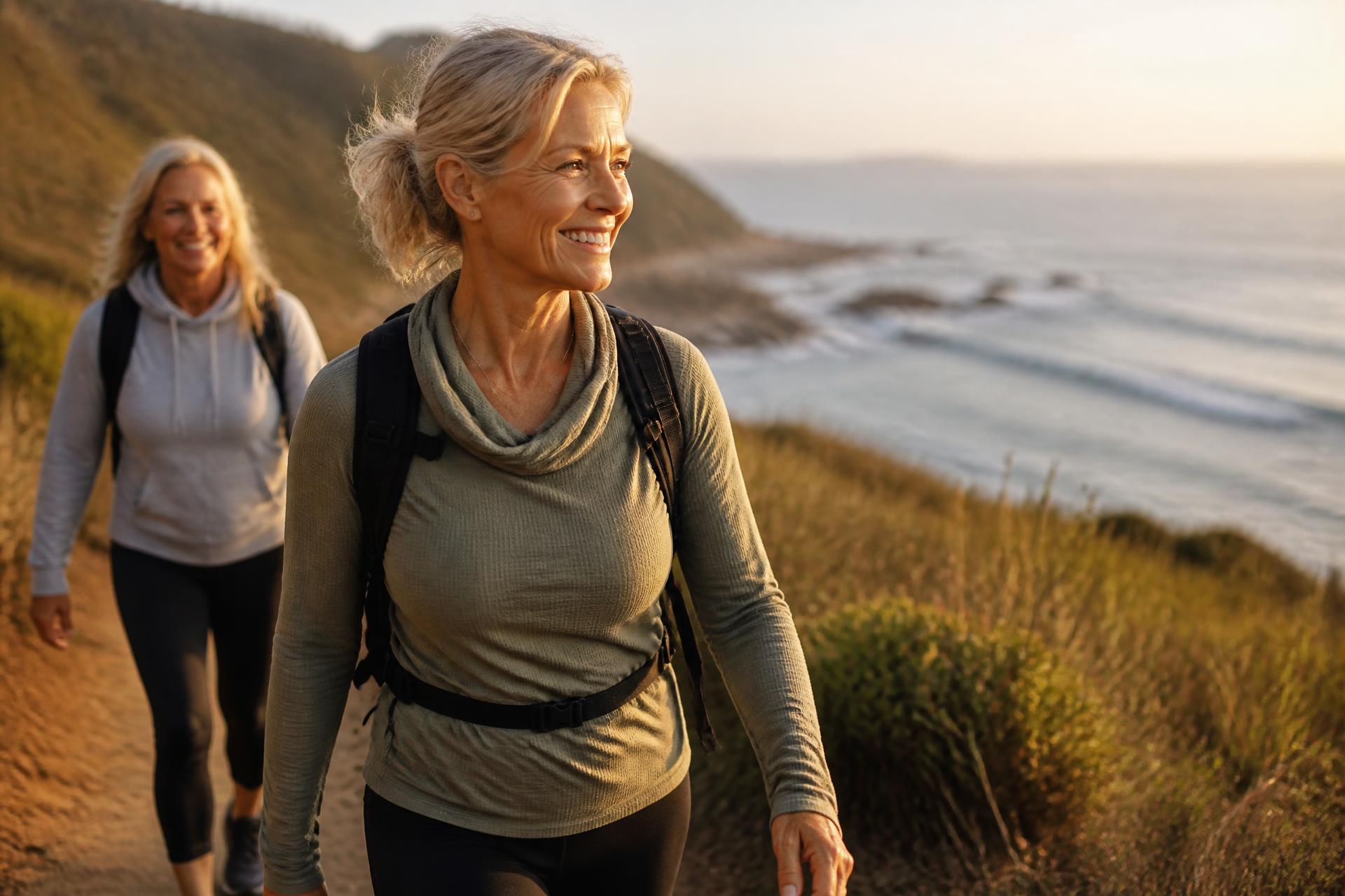 A woman in her fifties leading a coastal trail walk at golden hour